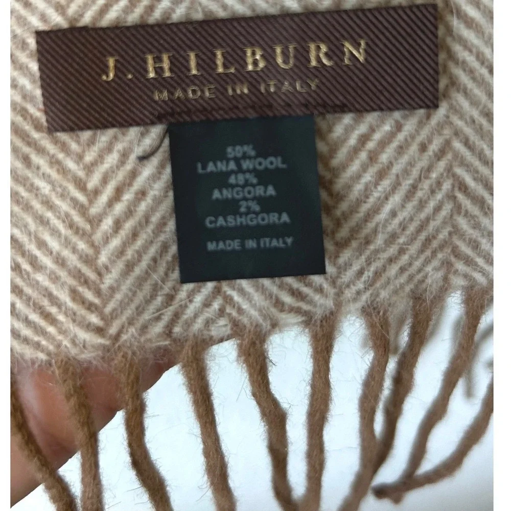 J. Hilburn Mens Tan Herringbone Wool Angora Cashgora Scarf Made in Italy Fringe